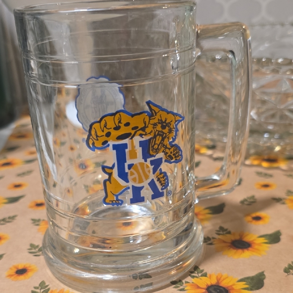 Clear Glass Mug with Blue and Yellow Design